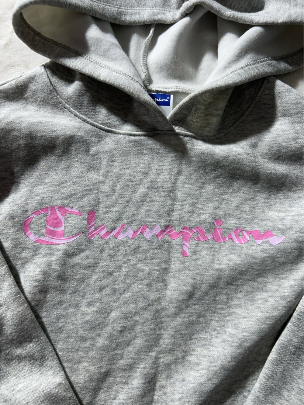 Champion Light Gray Hoodie with Pink Script Logo Kangaroo Pocket Size 16 - Picture 3 of 9